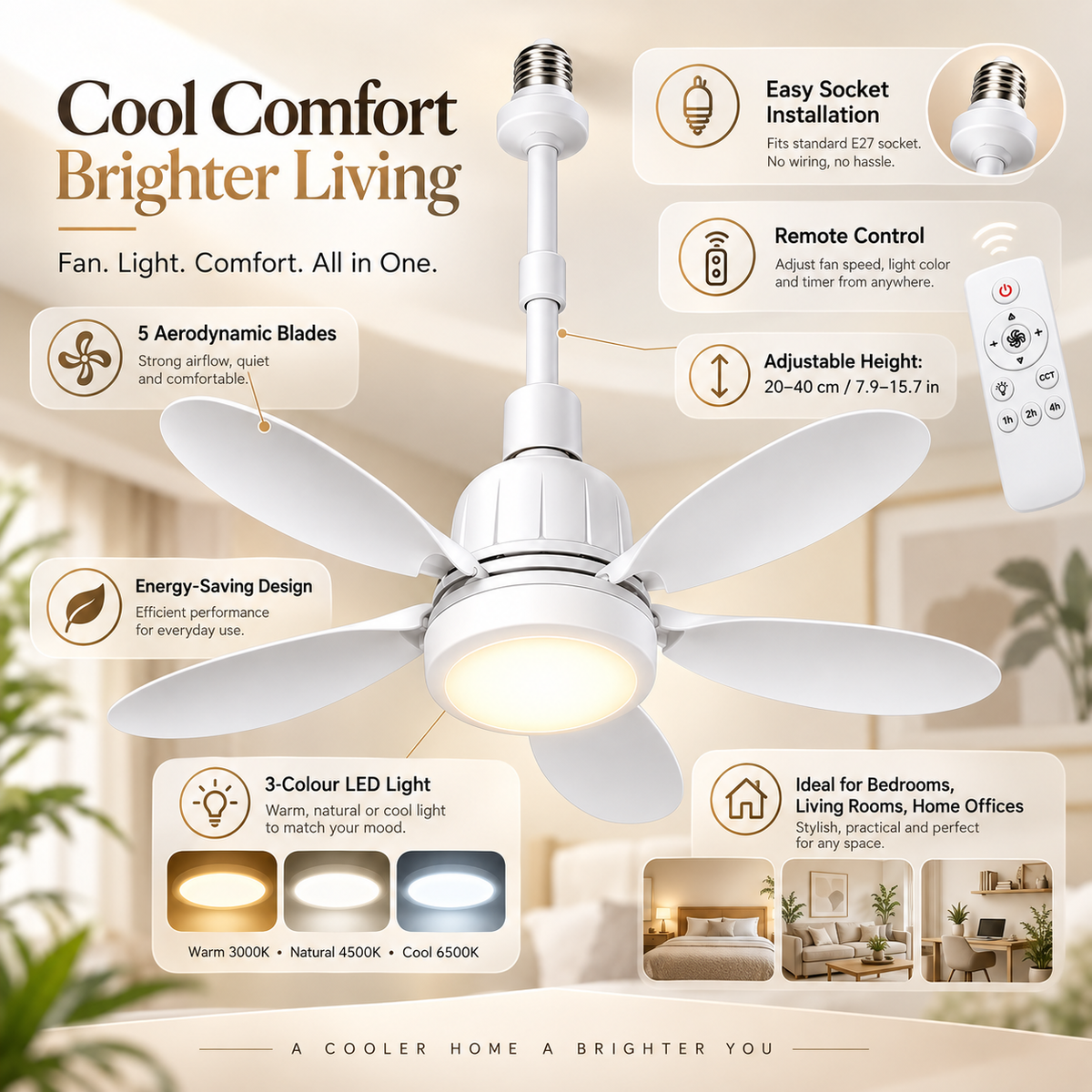 Light Socket Fan Ceiling Remote Control Energy Saving