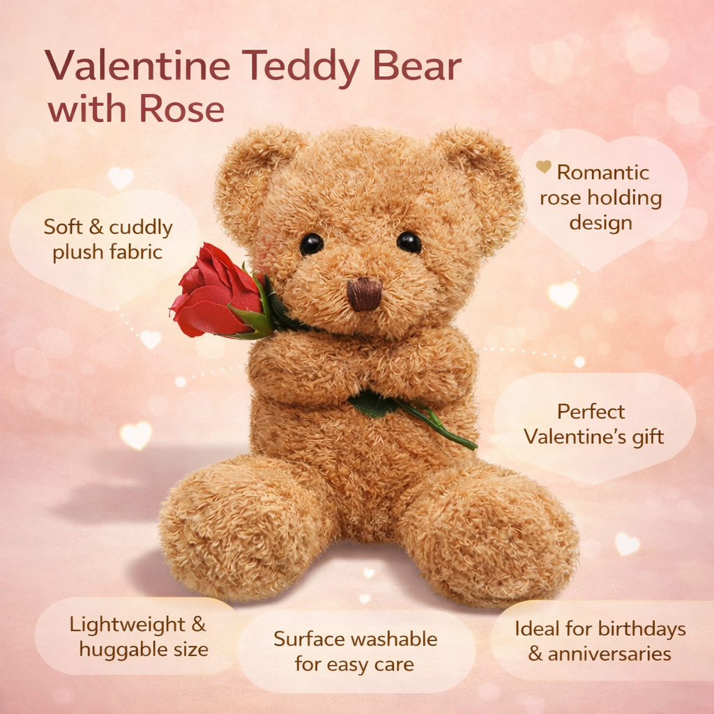Feature overview: soft plush fabric, rose-holding design, huggable size, washable surface, and gift use for Valentine's Day, birthdays and anniversaries