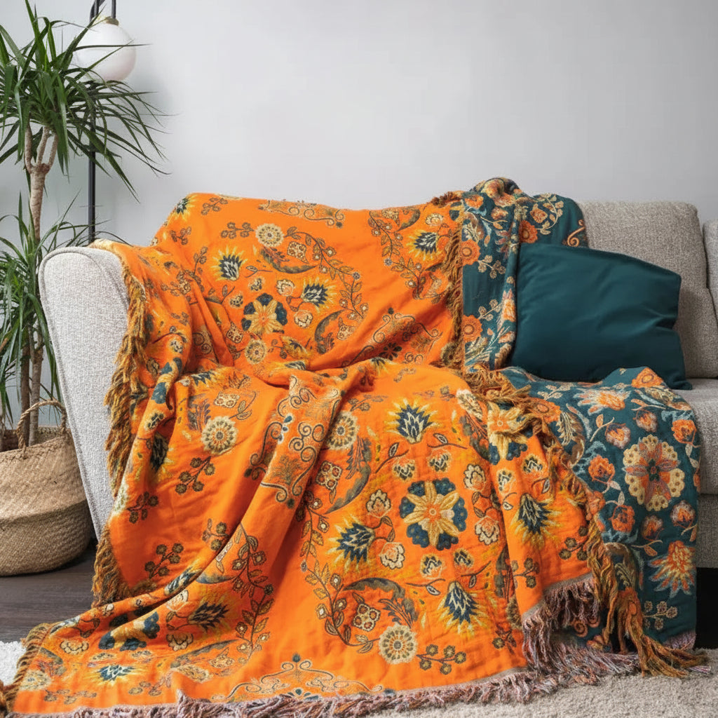 Throw Blanket Reversible Cotton Gauze Floral