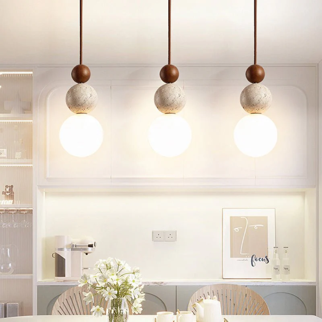 Cleonice Pendant Light Travertine, Wood &