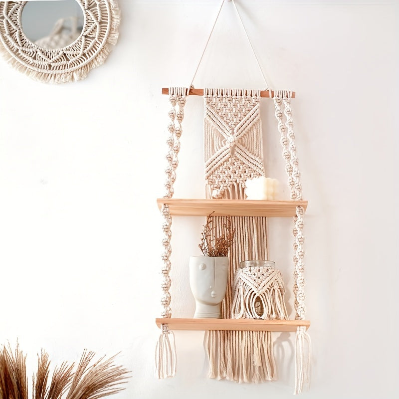 Boho Macrame Wall Shelf 2 Tier Hanging
