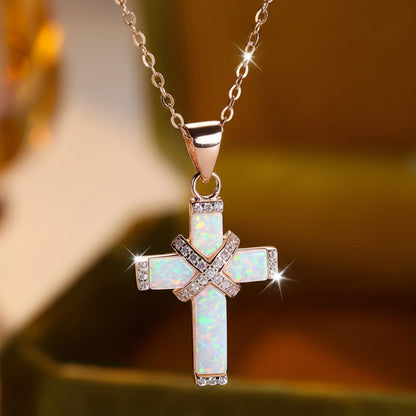 Necklace Cross Pendant Rose Gold Rhinestone