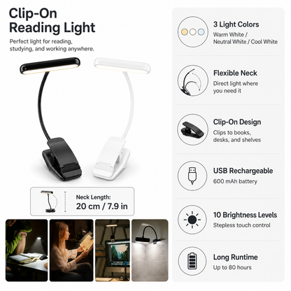 Clip Reading Light USB Rechargeable LED Flexible Neck