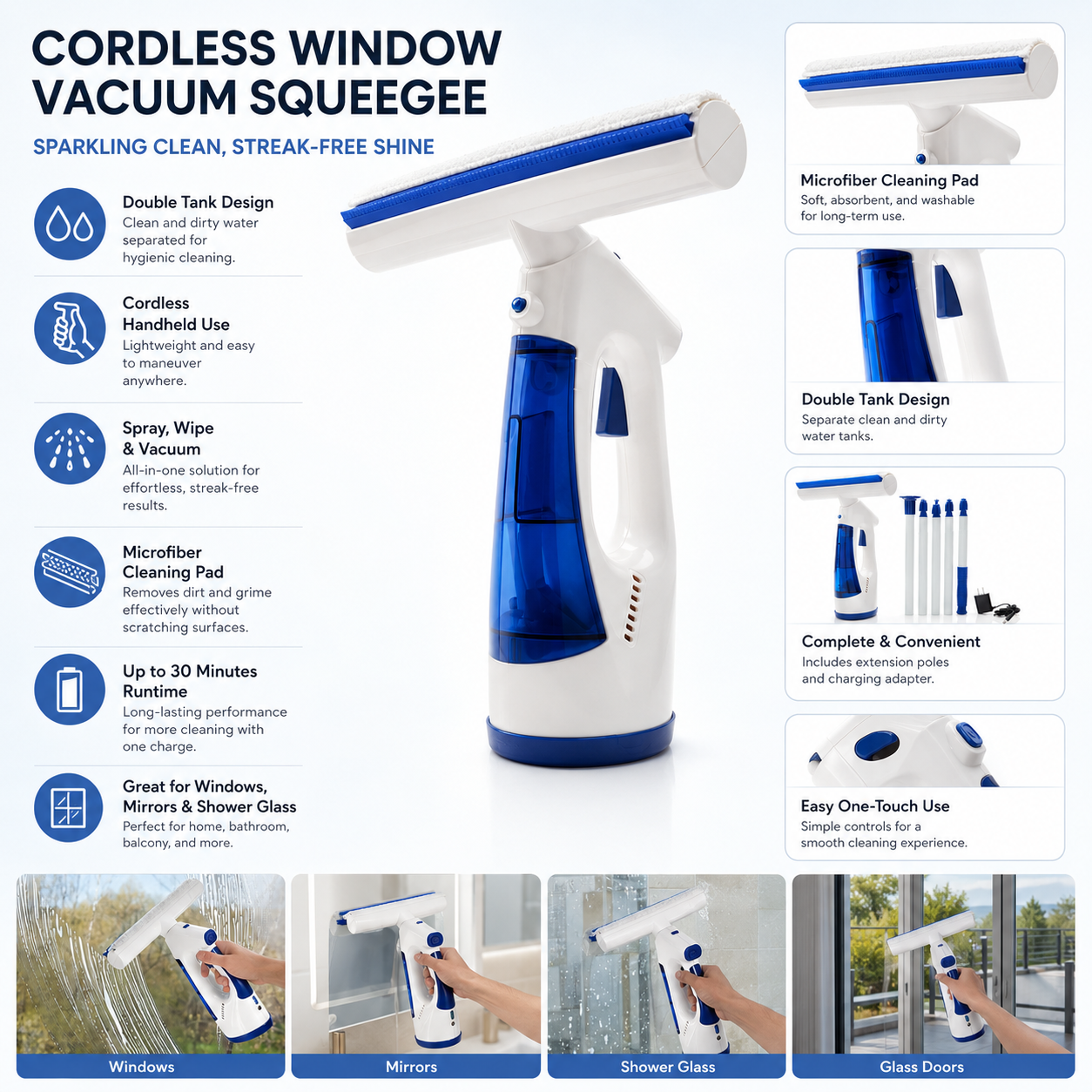 Cordless Window Vacuum Handheld Double Tank Squeegee