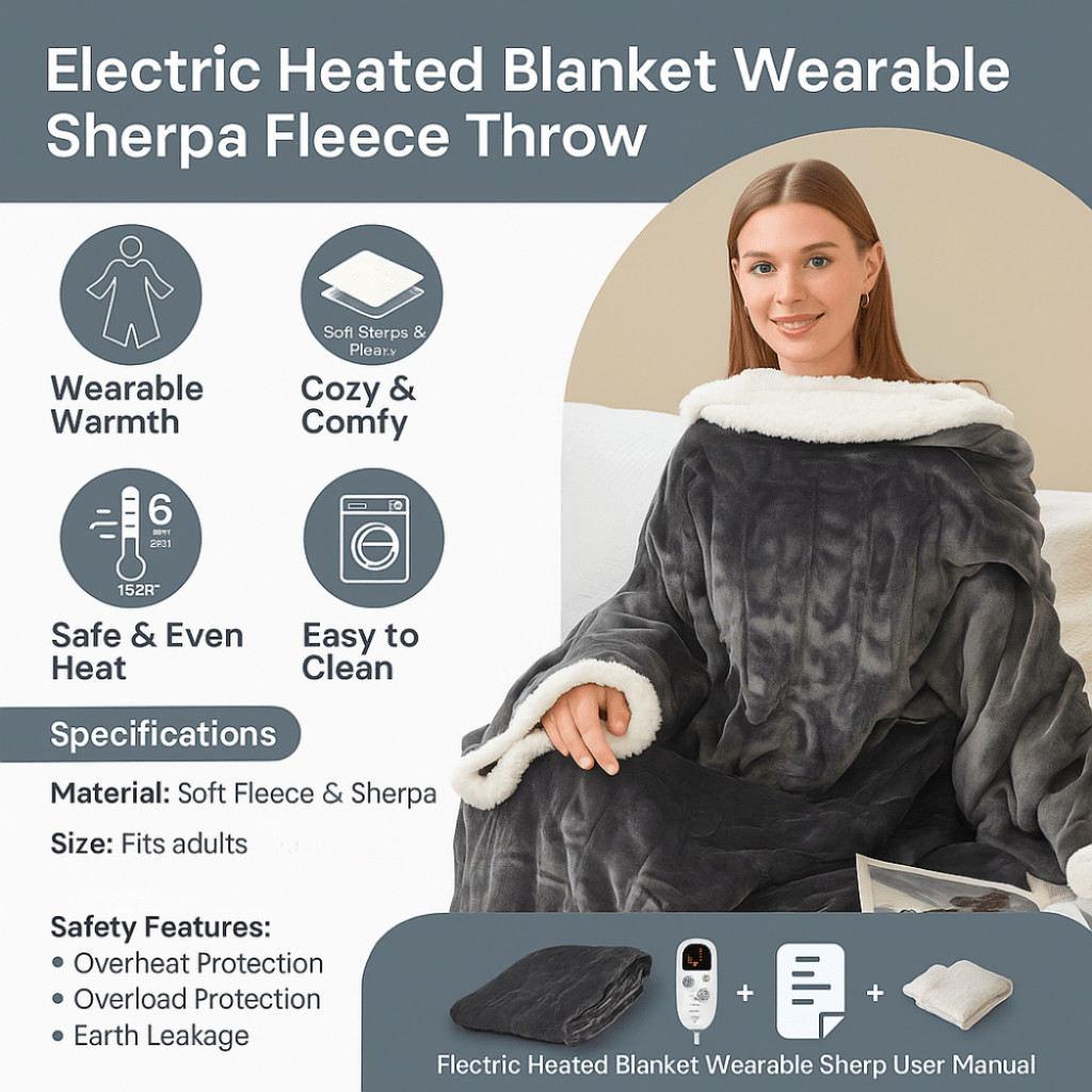 Electric Heated Blanket Wearable Sherpa