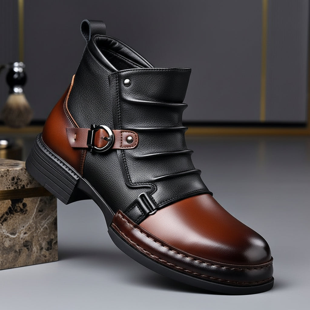 Men Ankle Boots Leather Buckle Side Zip