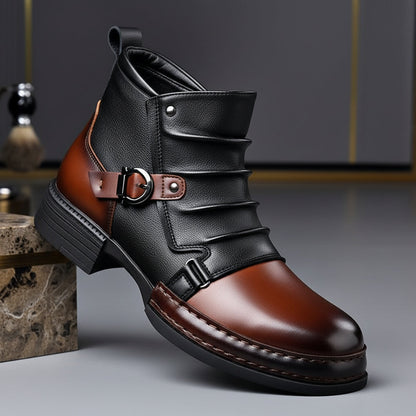 Men Ankle Boots Leather Buckle Side Zip