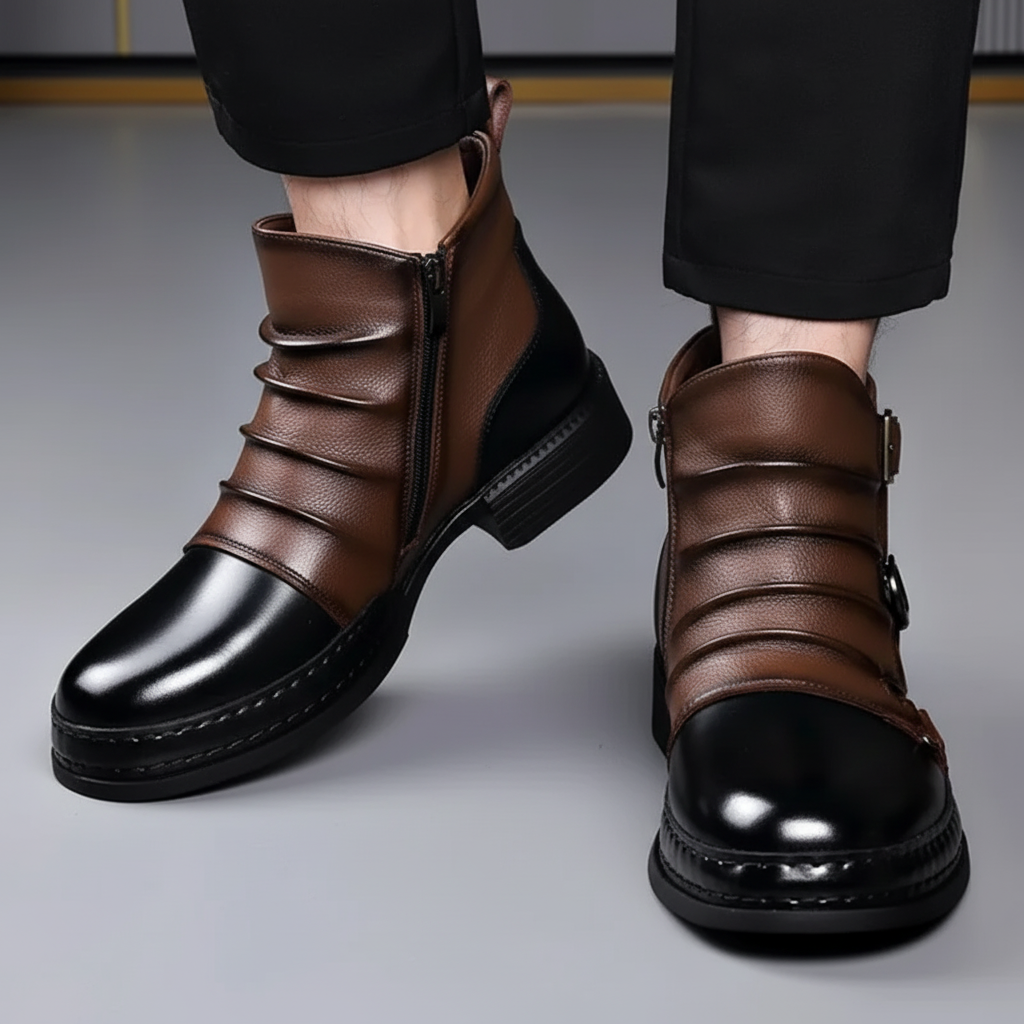 Men Ankle Boots Leather Buckle Side Zip