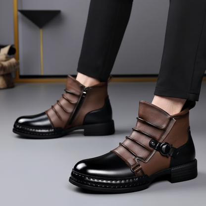 Men Ankle Boots Leather Buckle Side Zip