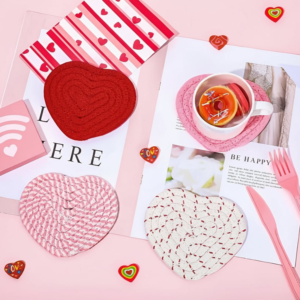 Table Coasters Heart Shaped Woven Polyester