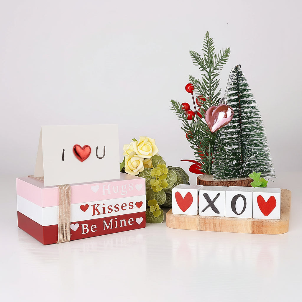 Table Decor Wooden Valentine Book Stack