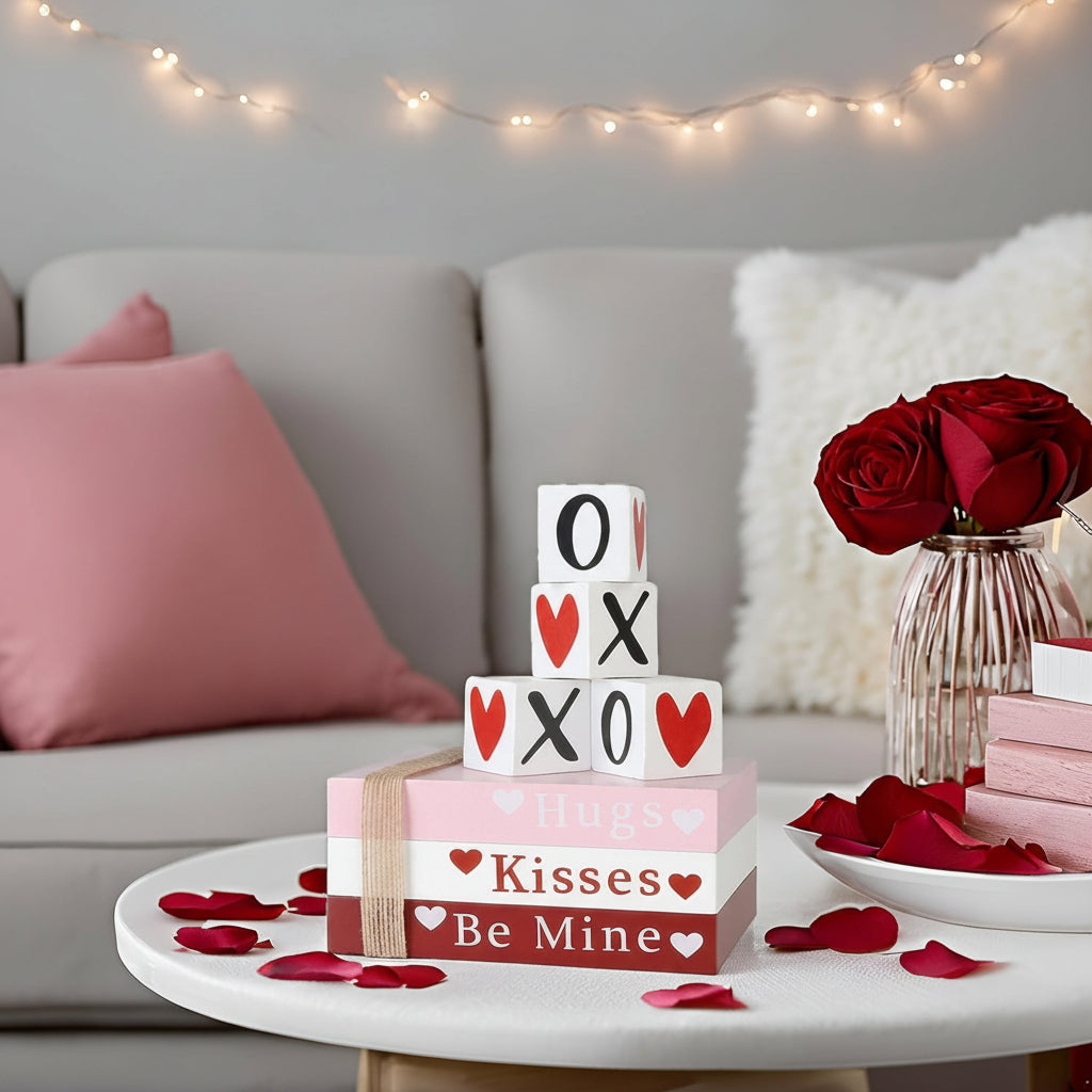 Table Decor Wooden Valentine Book Stack