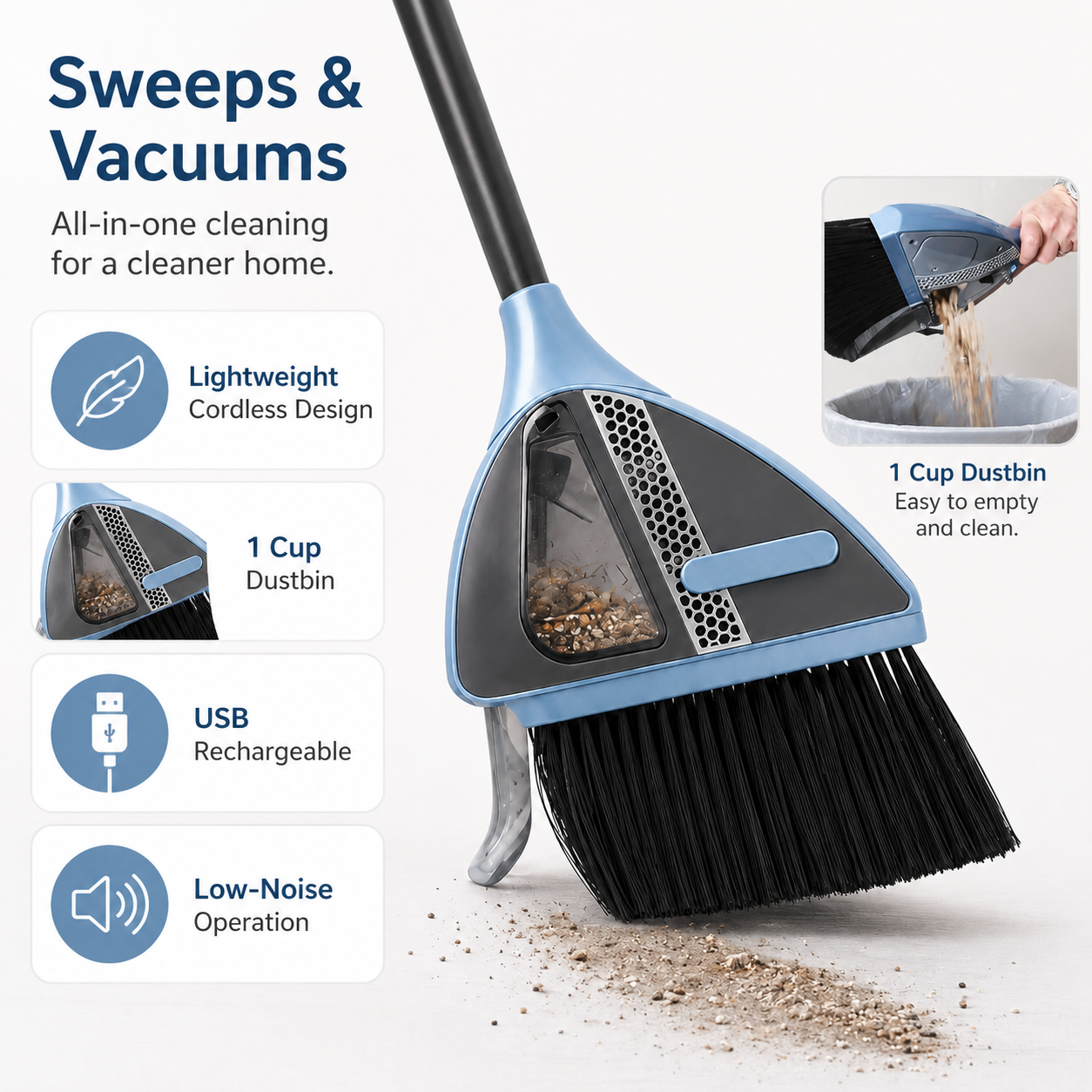 Lightweight Cordless Vacuum Broom Easy Sweep Design