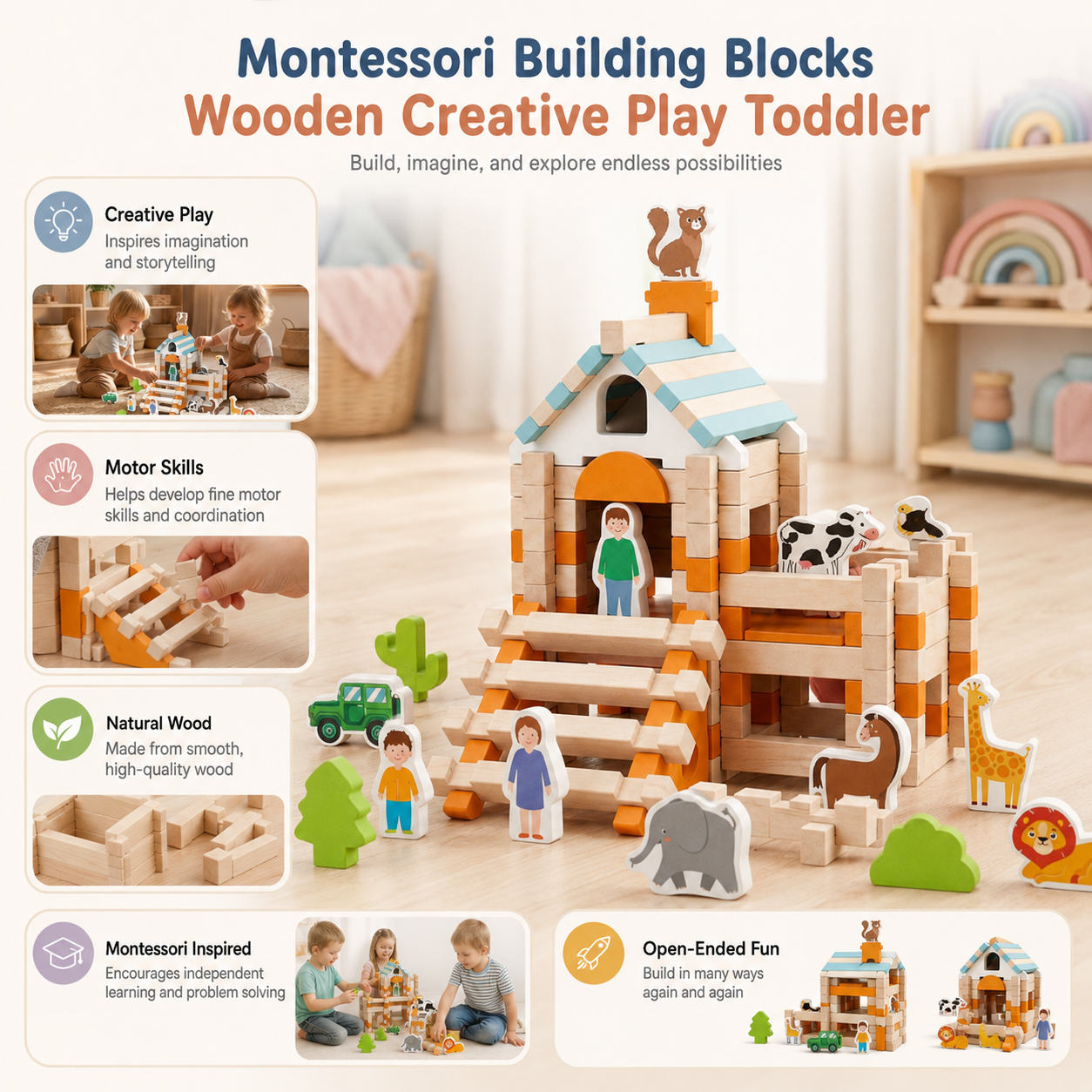 Montessori Building Blocks Wooden Creative Play Toddler