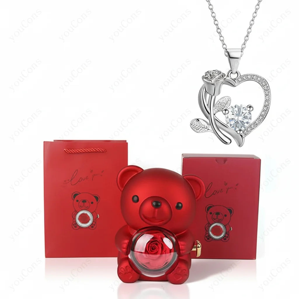 Necklace Heart Pendant Zircon Bear Rose Gift