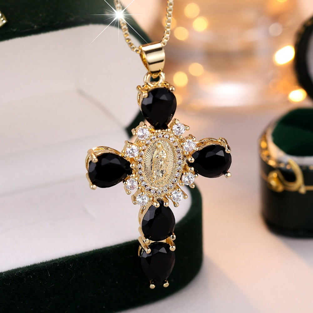 Necklace Cross Pendant Gold Cubic Zirconia