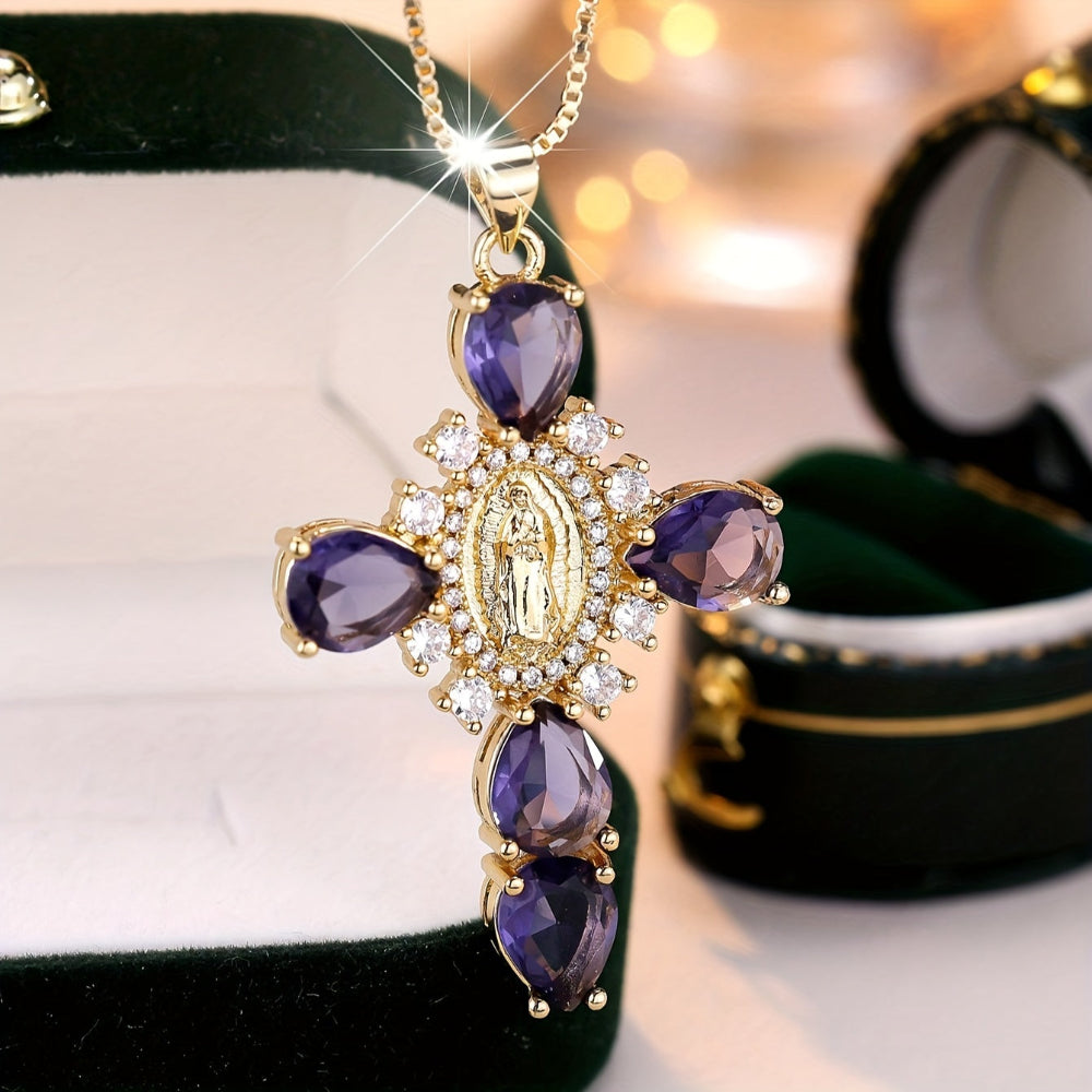 Necklace Cross Pendant Gold Cubic Zirconia