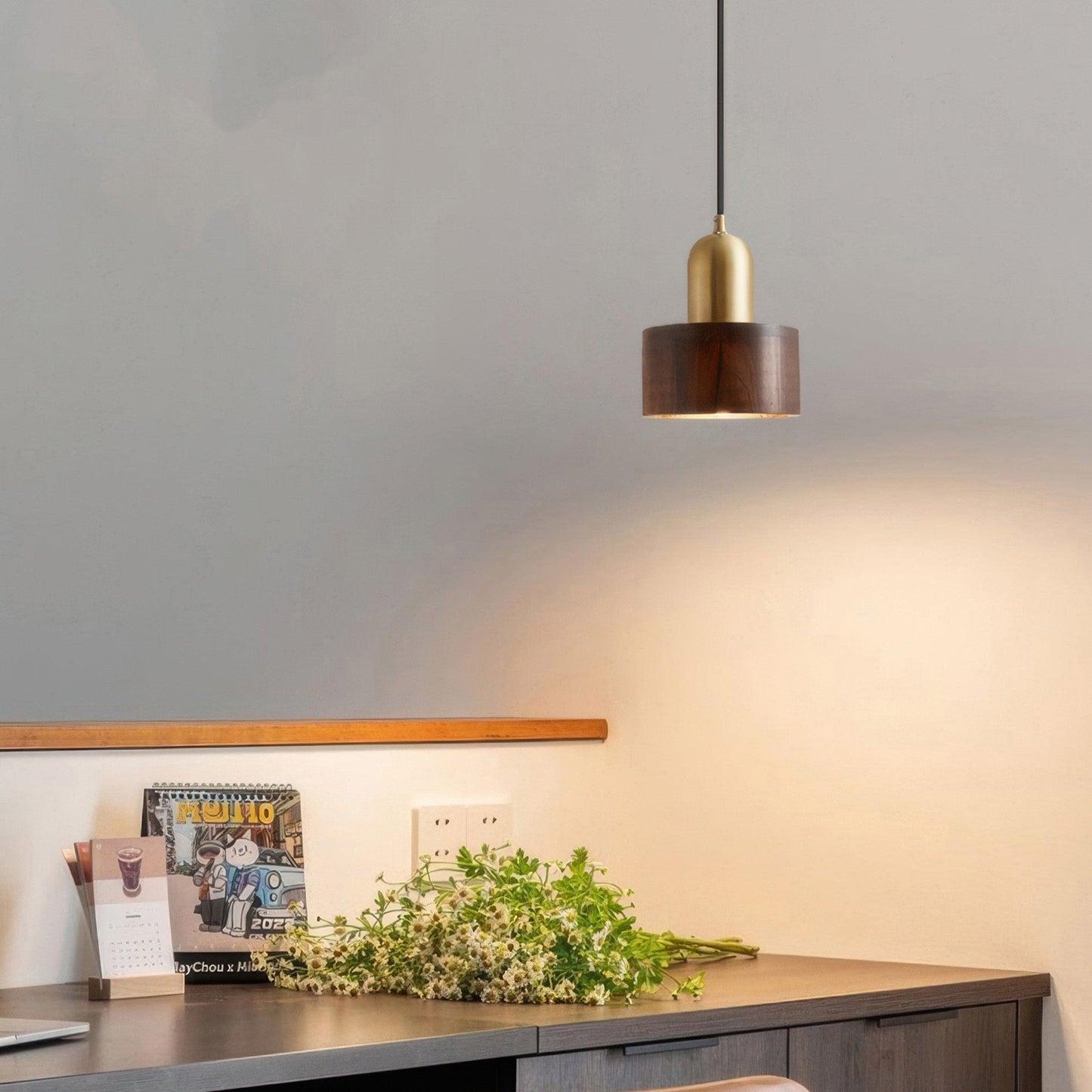 Cylinder Pendant Light Japanese Style Walnut