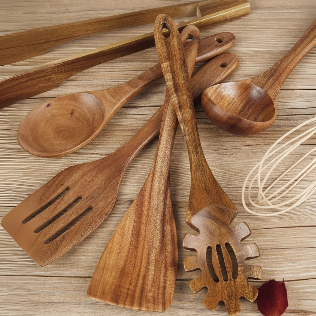 Cooking Utensils Wooden Set Non Scratch Heat
