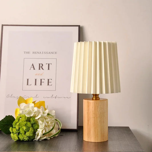 Medieval Pleated Table Lamp Nordic Wood Base