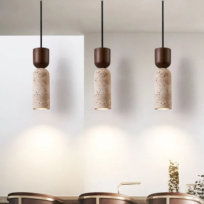 Wabi Sabi Travertine & Wood Pendant Light