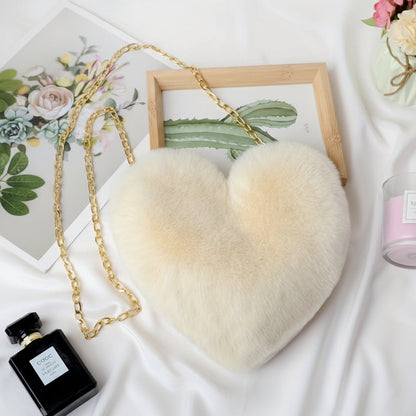 Shoulder Bag Faux Fur Heart Crossbody Chain