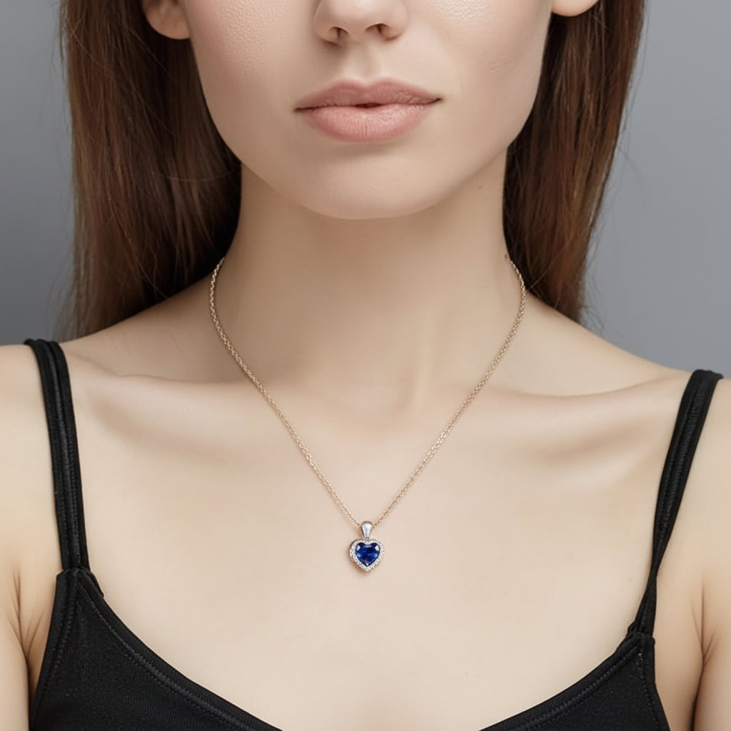 Silver Necklace Heart Pendant Sapphire