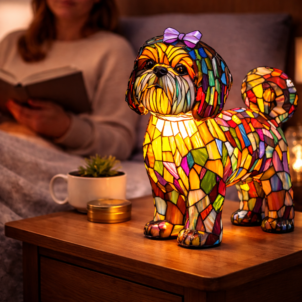 Table Lamp Colorful Stained Glass Dog LED