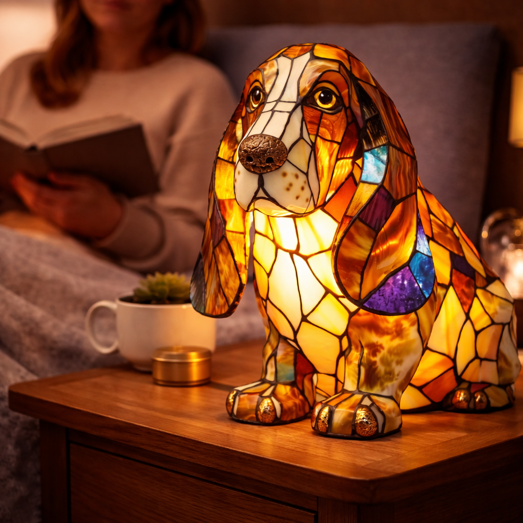 Table Lamp Colorful Stained Glass Dog LED