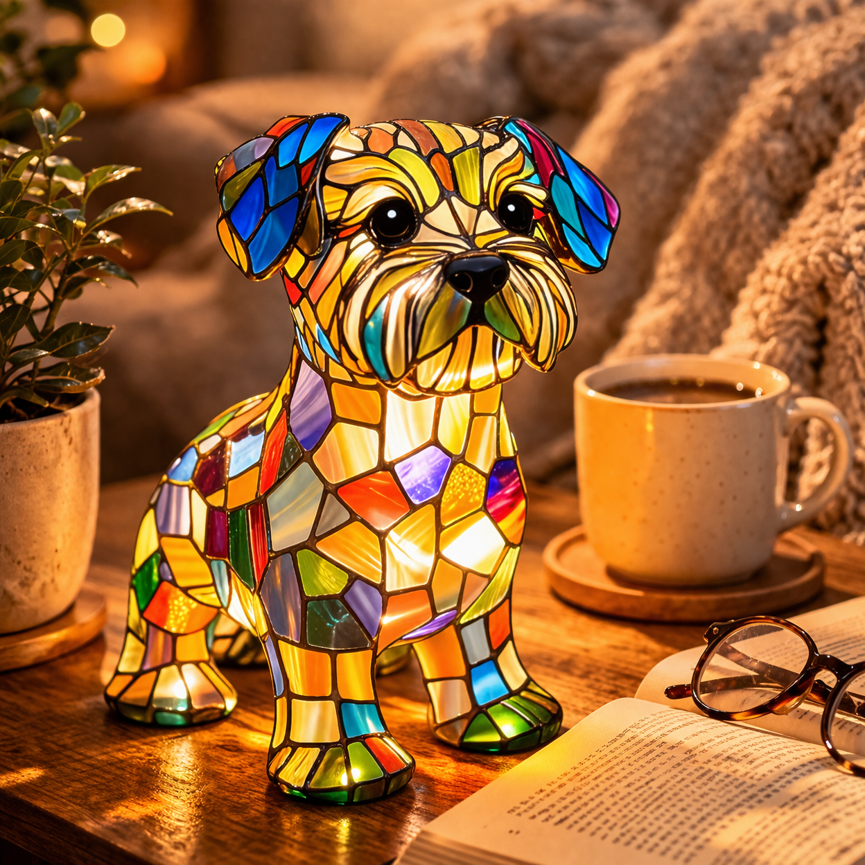 LED Table Lamp Dog Figurine Stained Glass