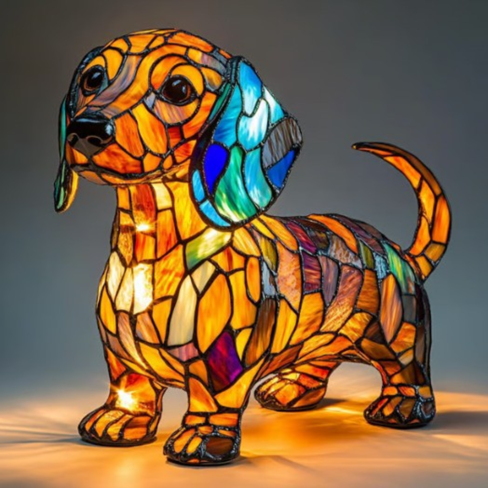 Table Lamp Stained Glass Dog LED Night
