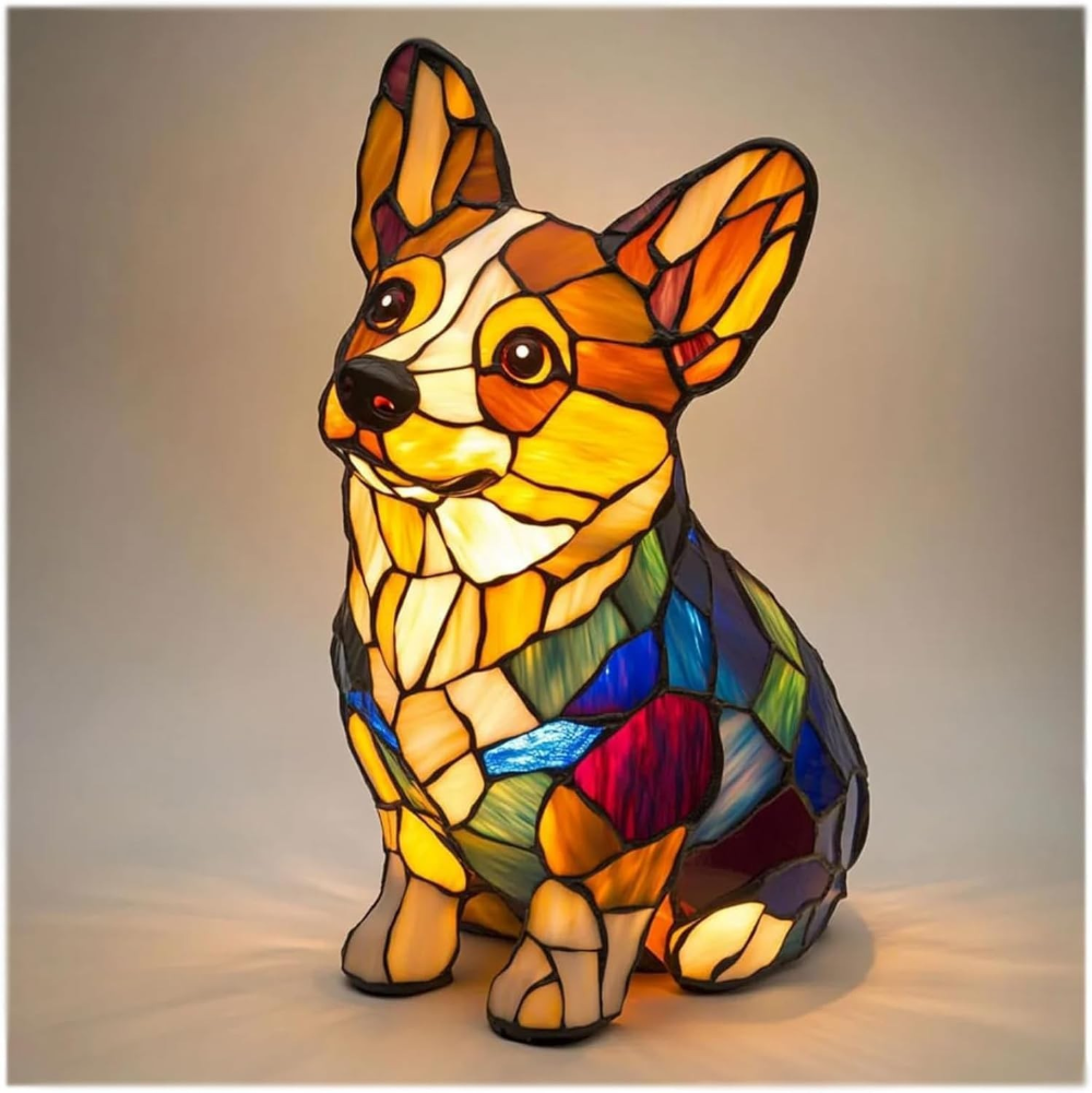 Table Lamp Stained Glass Dog LED Night