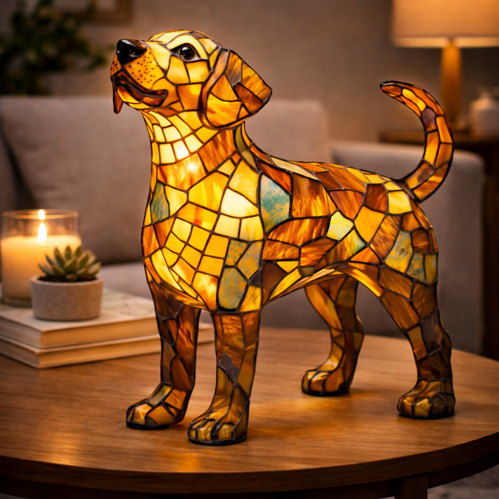 Table Lamp Stained Glass Dog LED Night