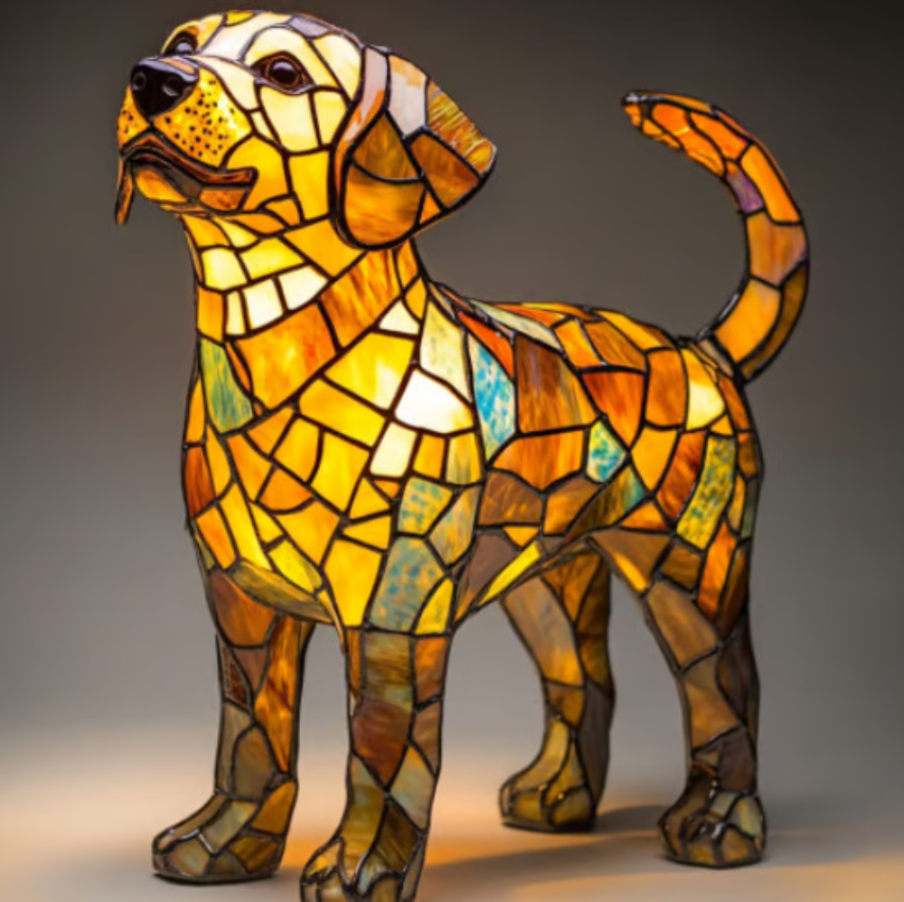 Table Lamp Stained Glass Dog LED Night