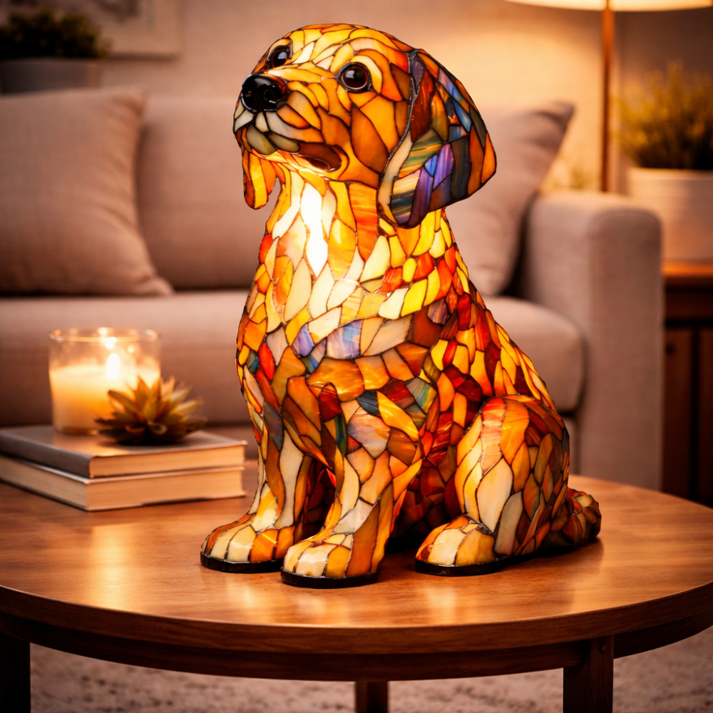 Table Lamp Stained Glass Dog LED Night