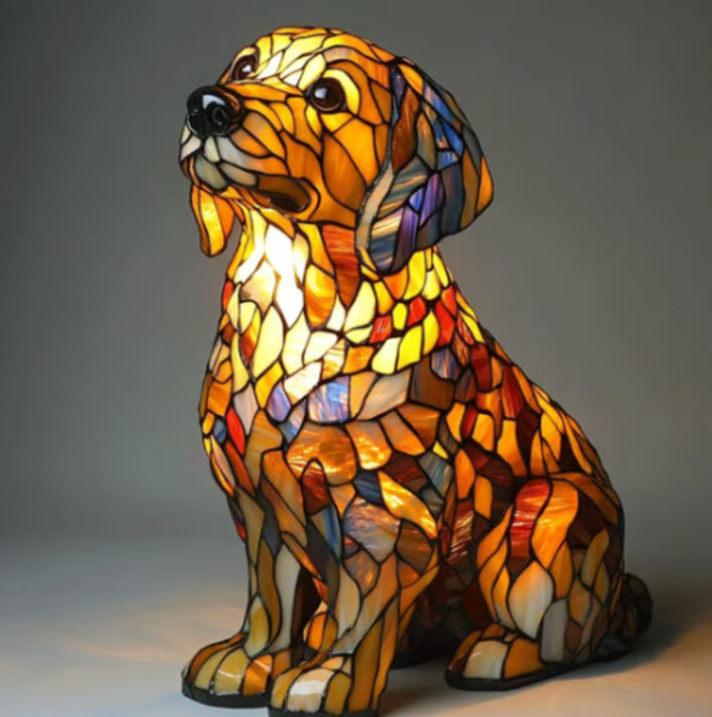 Table Lamp Stained Glass Dog LED Night