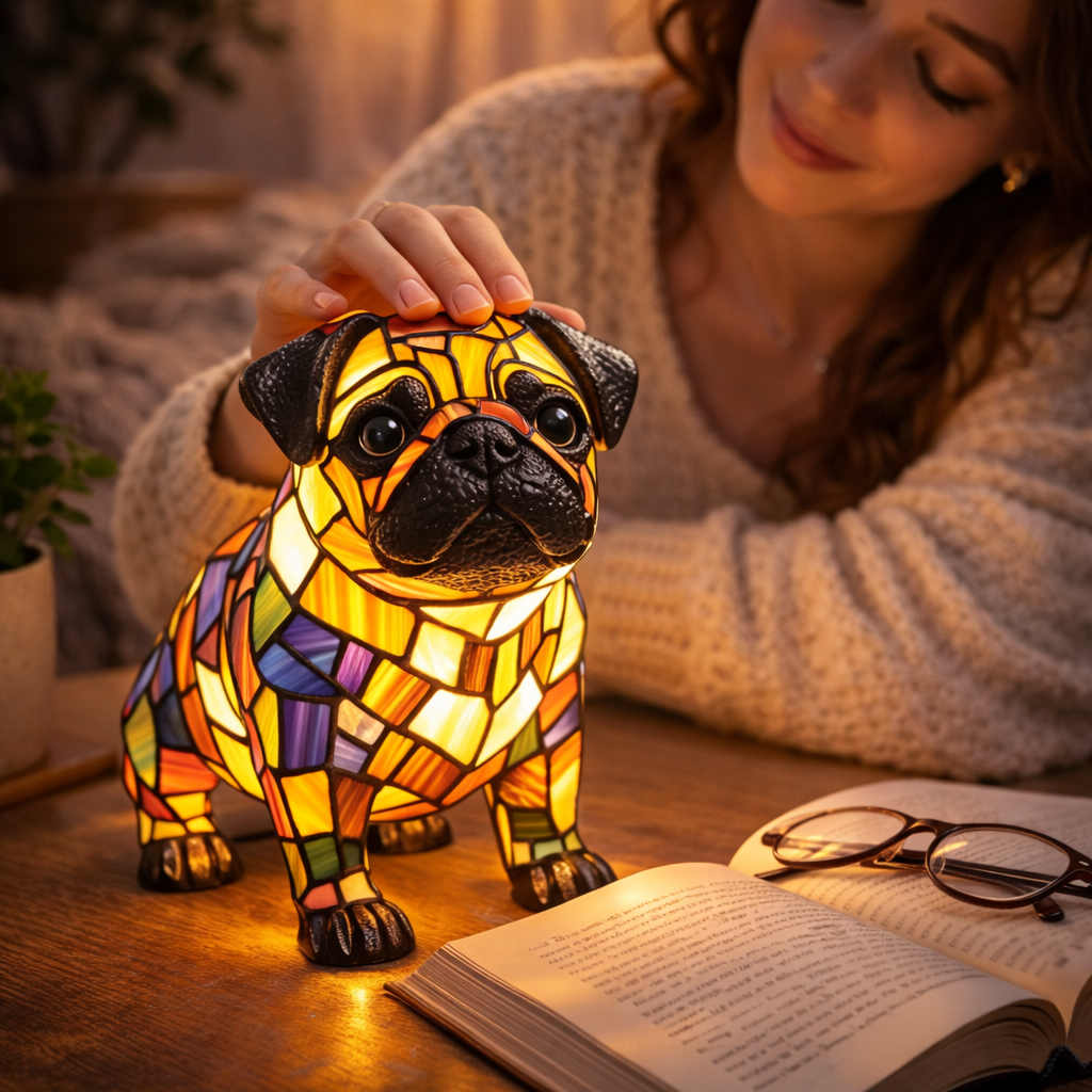 LED Table Lamp Dog Figurine Stained Glass