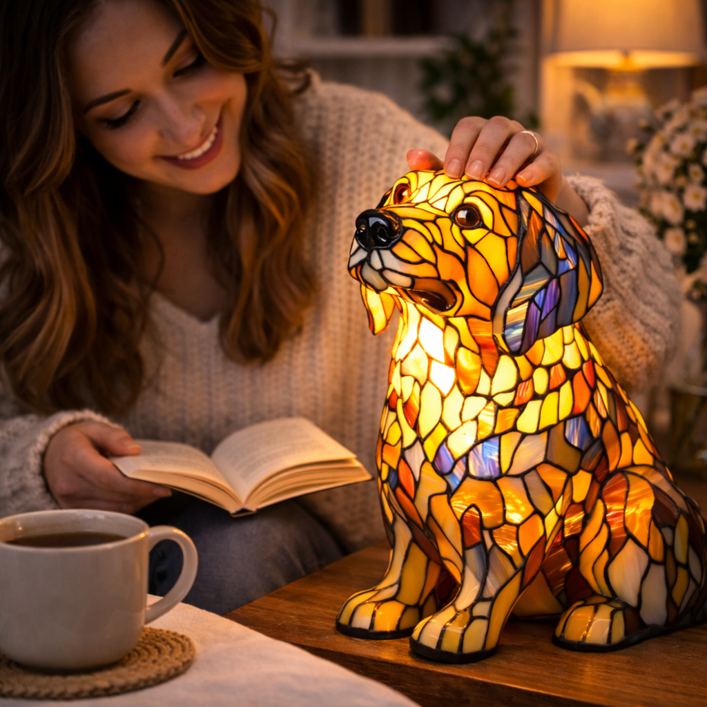 Colorful Dog Table Lamp Stained Glass LED