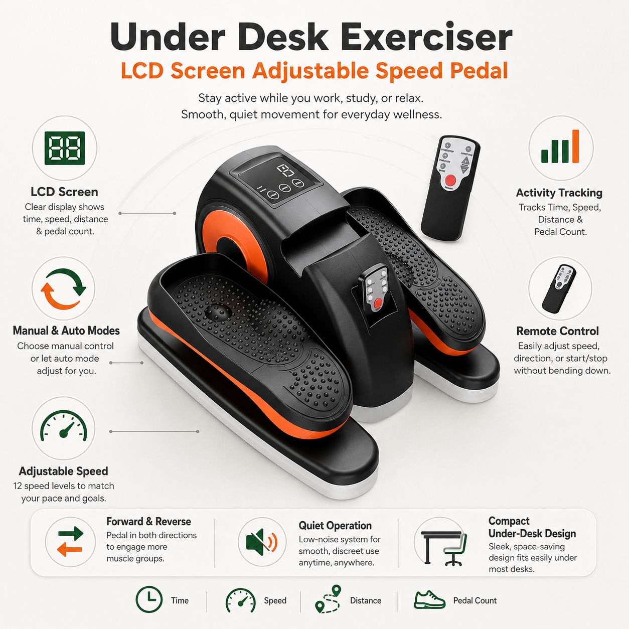Under Desk Exerciser Lcd Screen Adjustable Speed Pedal