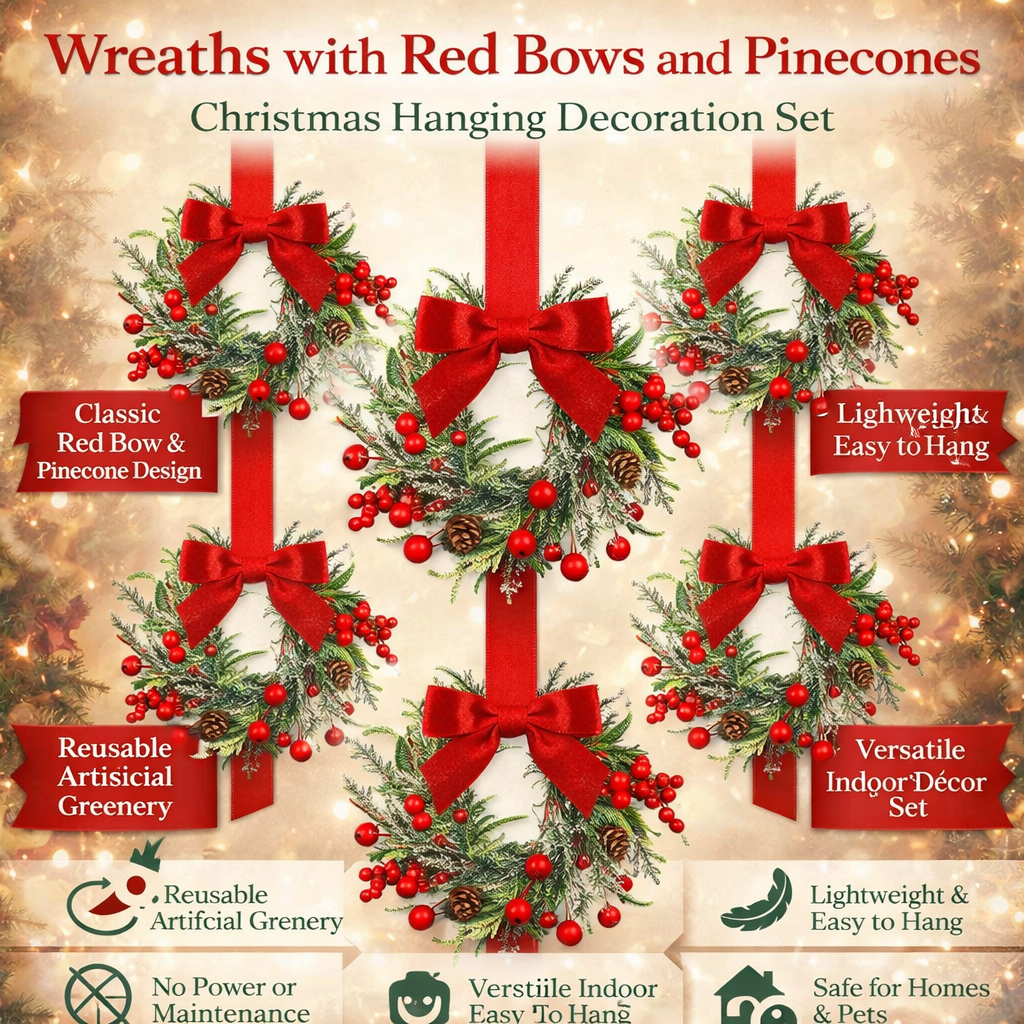 Christmas Wreath Hanging Red Bow Pinecone