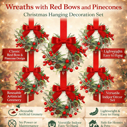 Christmas Wreath Hanging Red Bow Pinecone