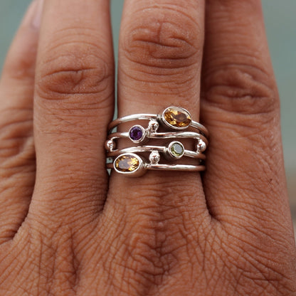Birthstone Ring Silver Adjustable Boho