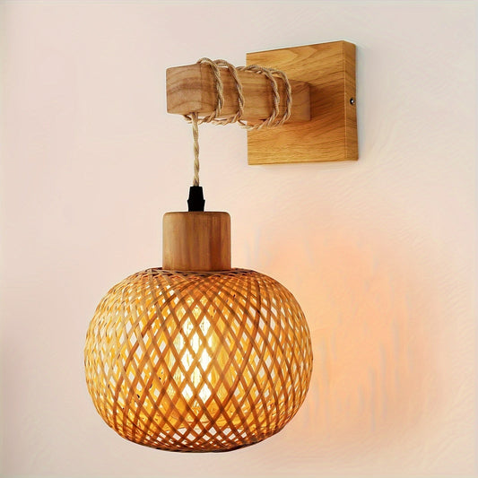 Rustic Wooden Wall Sconce Handwoven Rattan &
