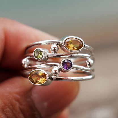 Birthstone Ring Silver Adjustable Boho