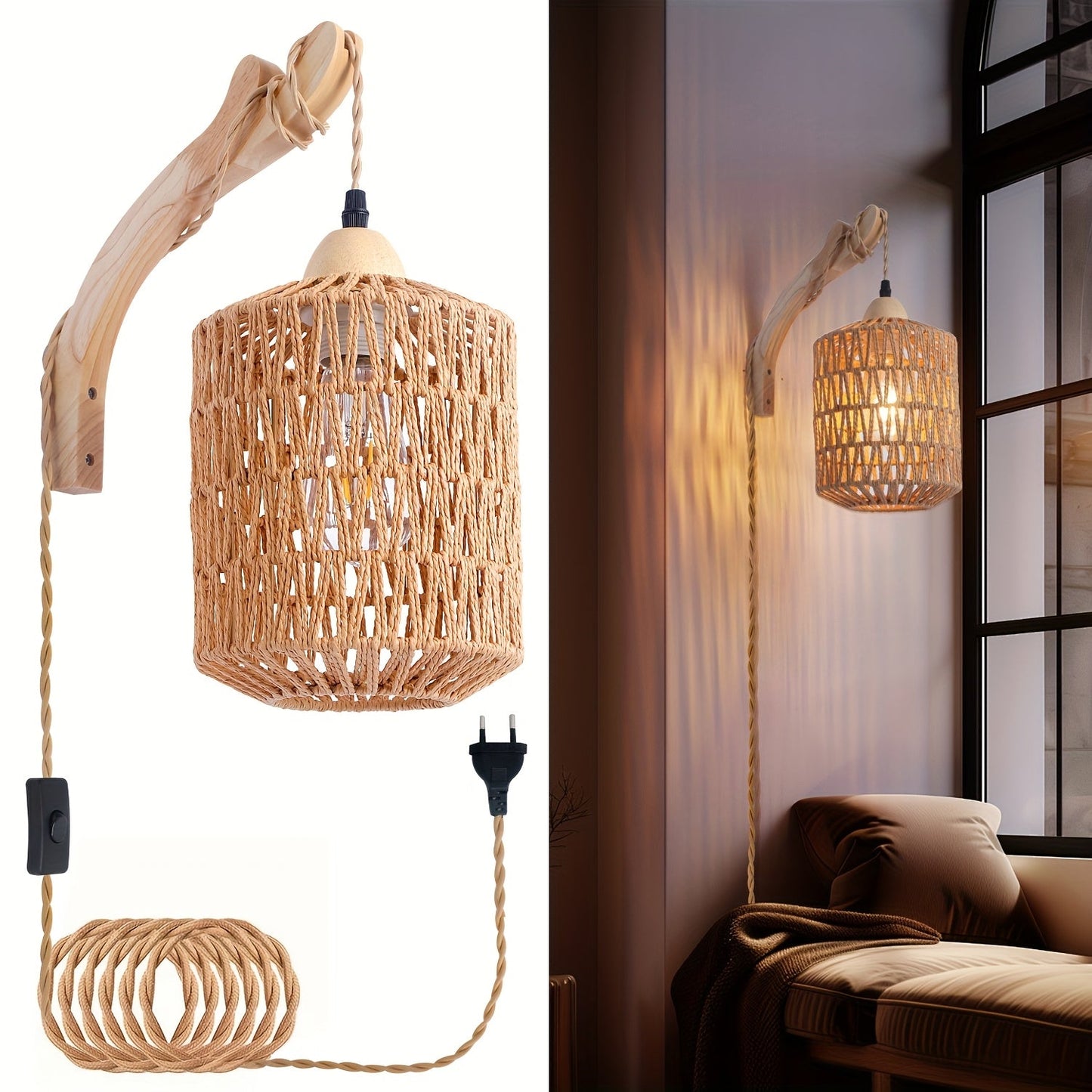 Boho Wood & Rattan Wall Lamp Hand