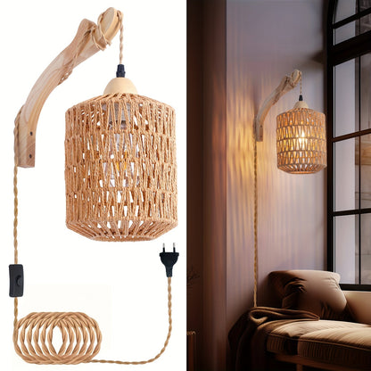 Boho Wood & Rattan Wall Lamp Hand