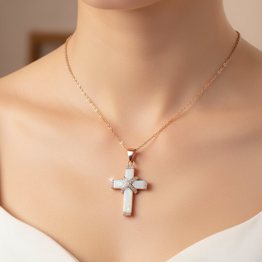 Necklace Cross Pendant Rose Gold Rhinestone
