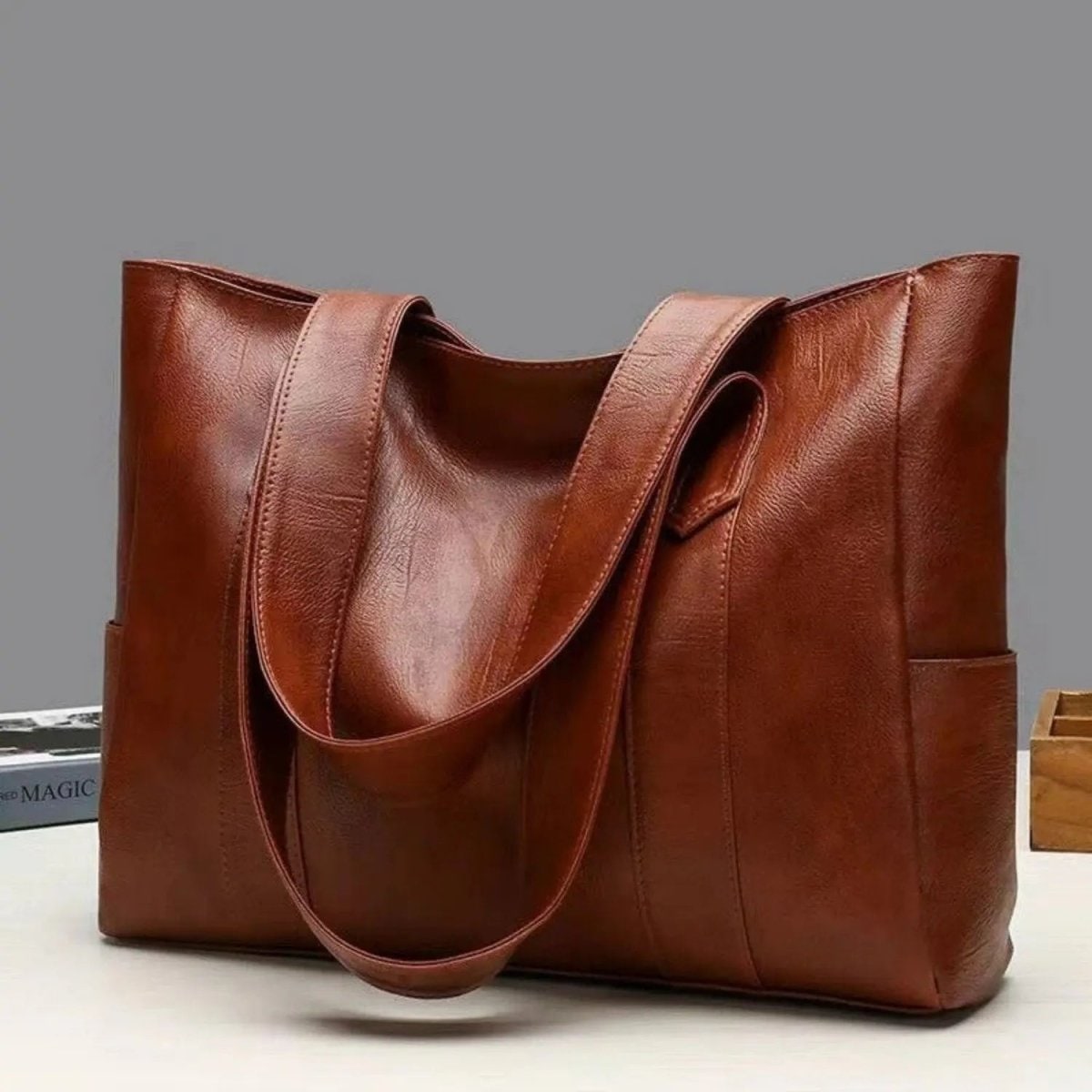 Tote Bag Faux Leather Shoulder Zip Pocket